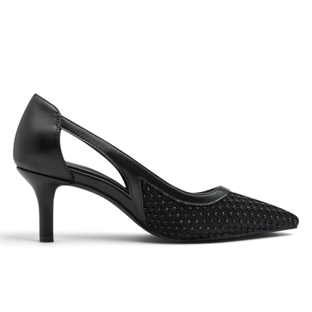 ShoeShop Marco Tozzi black synthetic and textile pointed-toe court shoe with a cutout side and kitten heel