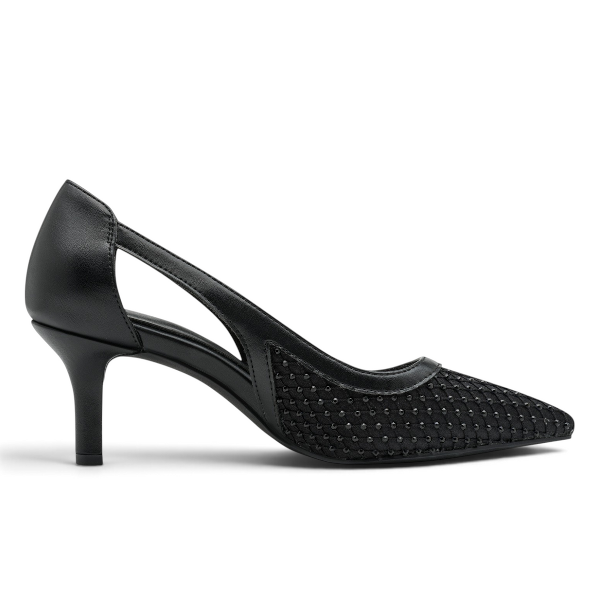 ShoeShop Marco Tozzi black synthetic and textile pointed-toe court shoe with a cutout side and kitten heel