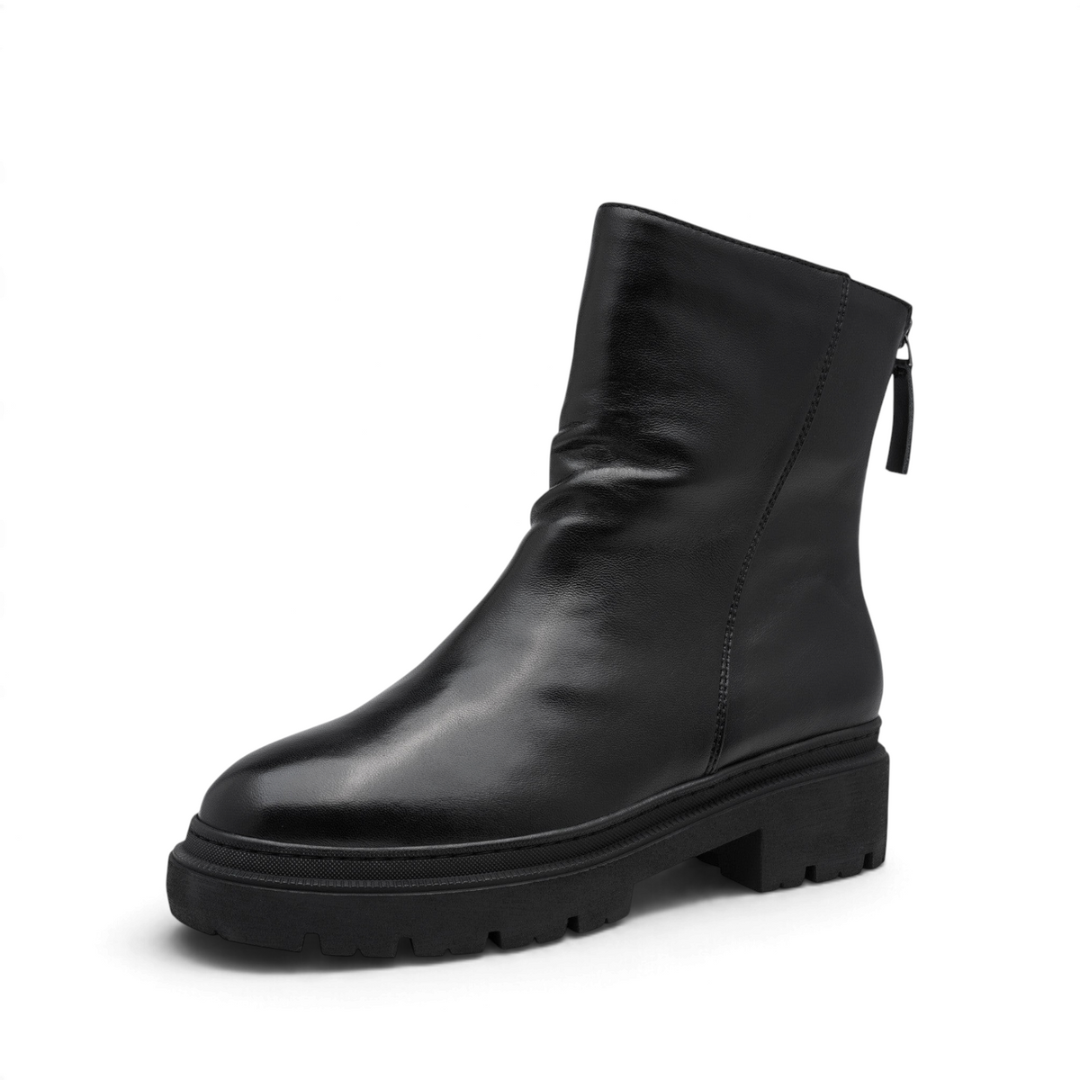 ShoeShop Marco Tozzi black leather ankle boots with faux fur lining and chunky rubber sole