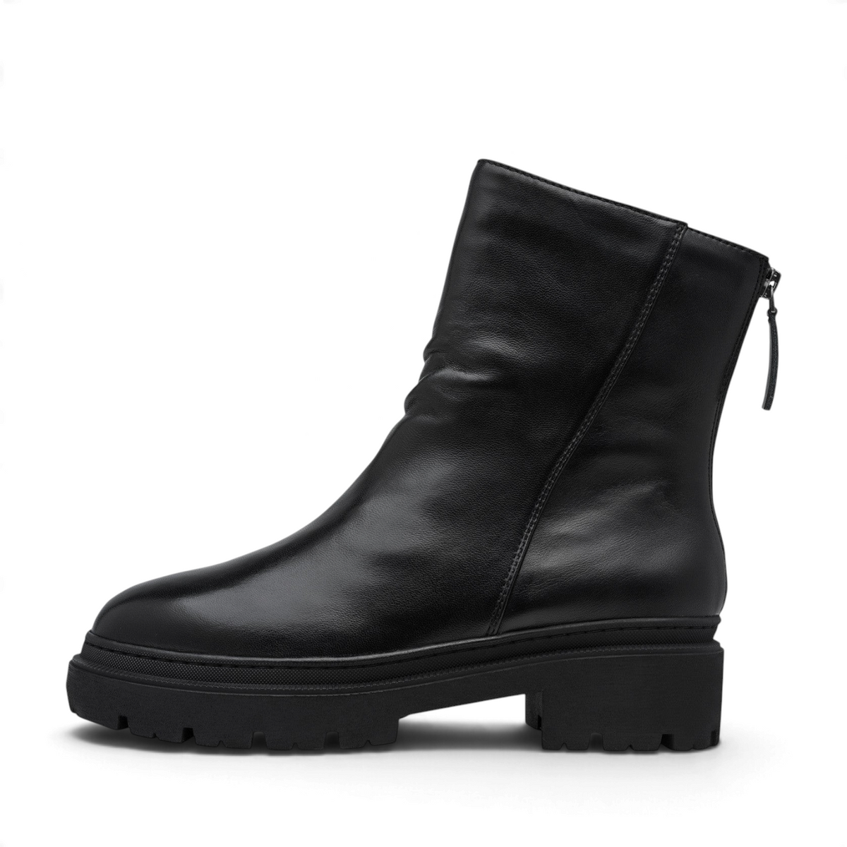 ShoeShop Marco Tozzi black leather ankle boots with faux fur lining and chunky rubber sole, side view