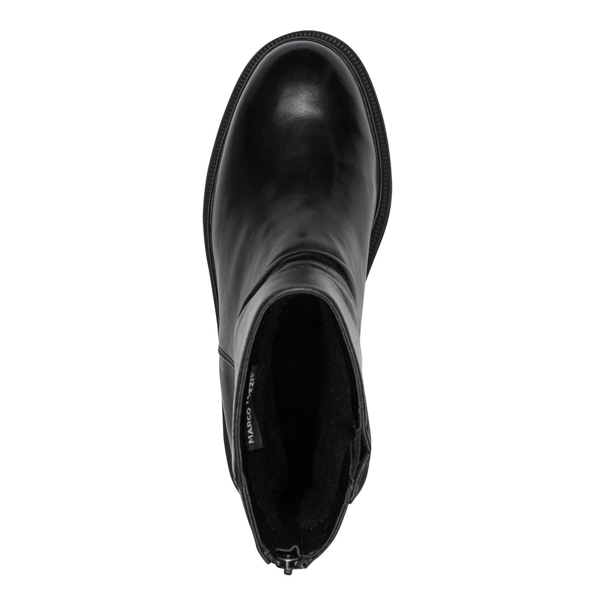 ShoeShop Marco Tozzi black leather ankle boots with warm faux fur lining and rubber sole, top-down view