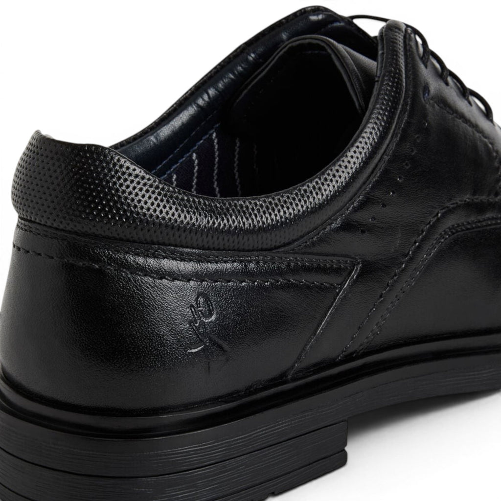 ShoeShop Marco Tozzi black leather lace-up shoe with textured heel detail and embossed logo