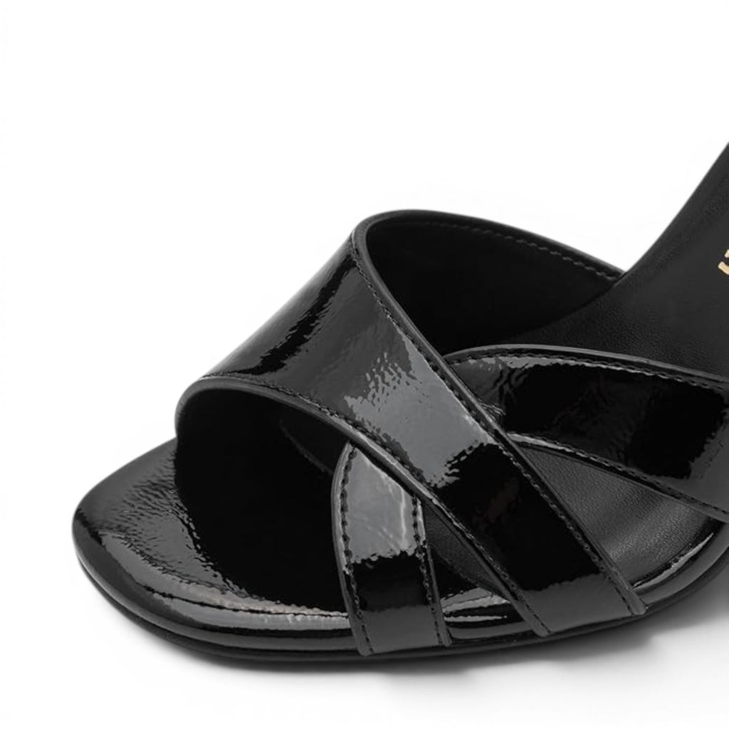 ShoeShop Marco Tozzi black patent leather heeled sandals with a crisscross strap design and square toe