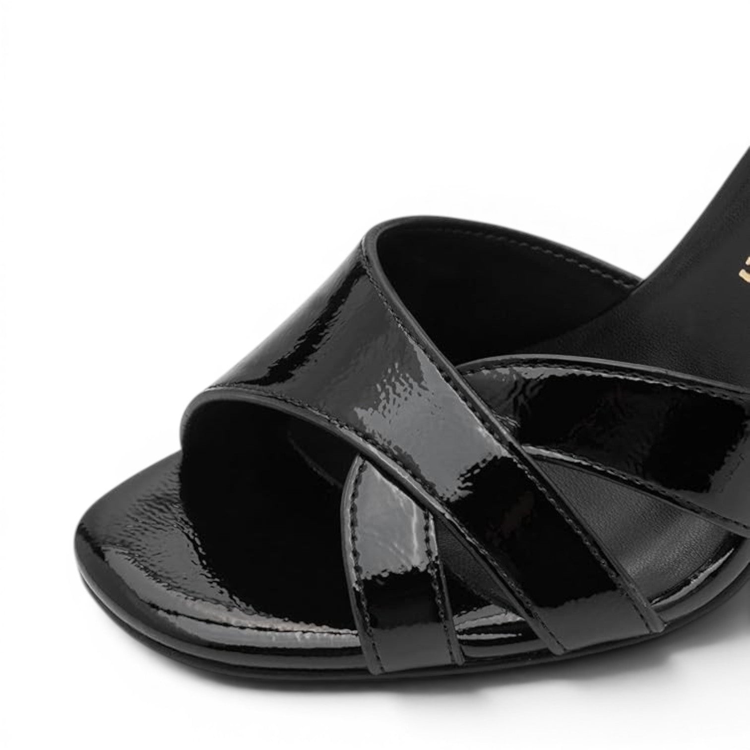 ShoeShop Marco Tozzi black patent leather heeled sandals with a crisscross strap design and square toe