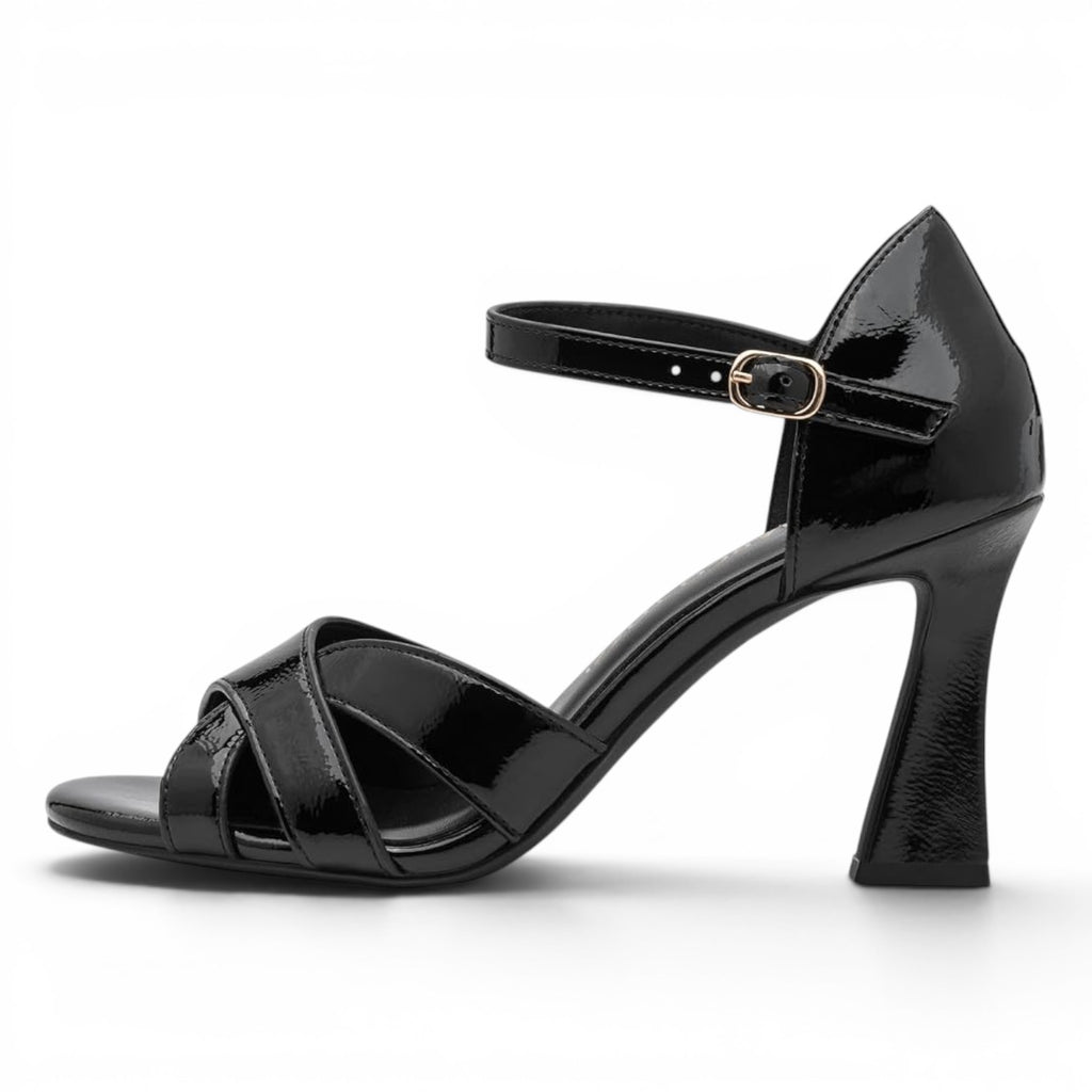 ShoeShop Marco Tozzi black patent leather heeled sandals with an ankle strap and flared block heel