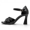 ShoeShop Marco Tozzi black patent leather heeled sandals with an ankle strap and flared block heel