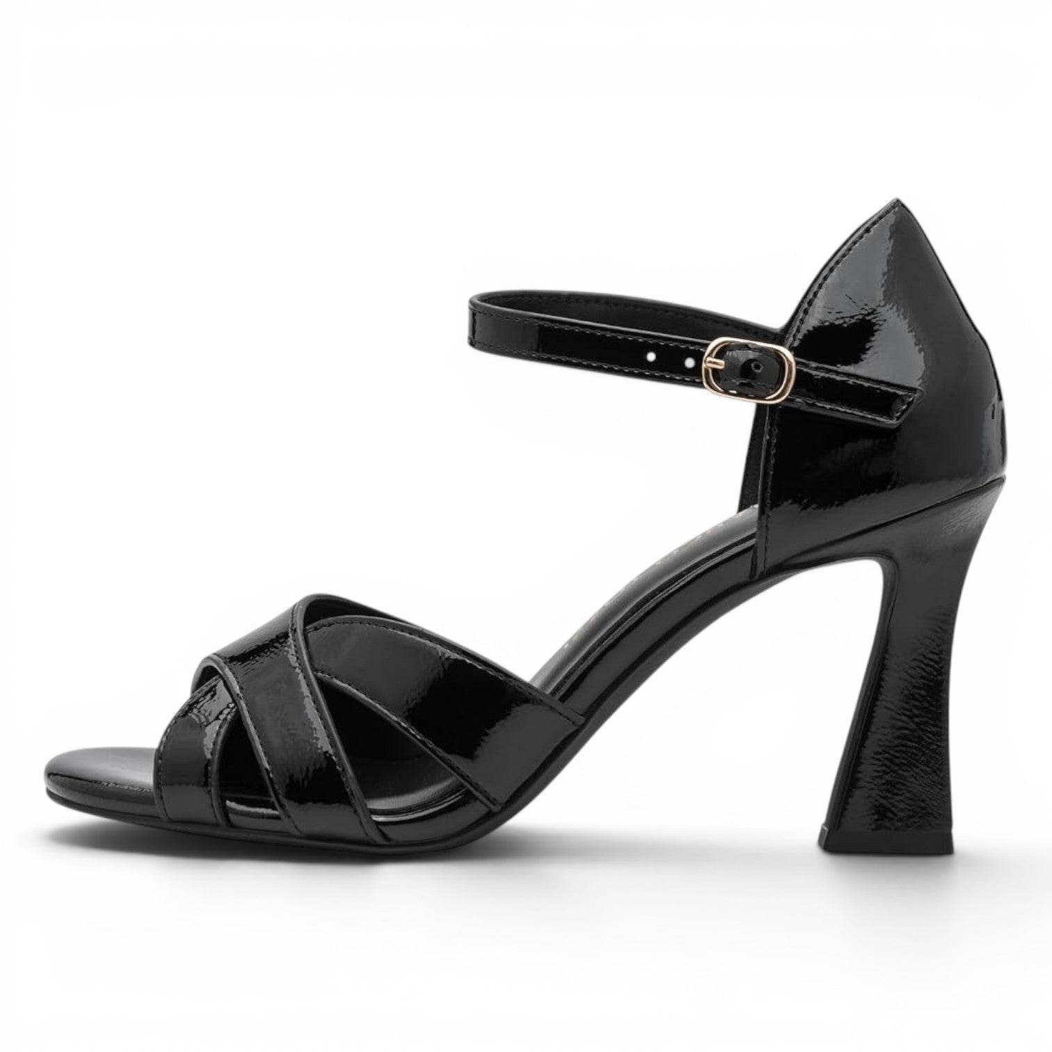 ShoeShop Marco Tozzi black patent leather heeled sandals with an ankle strap and flared block heel
