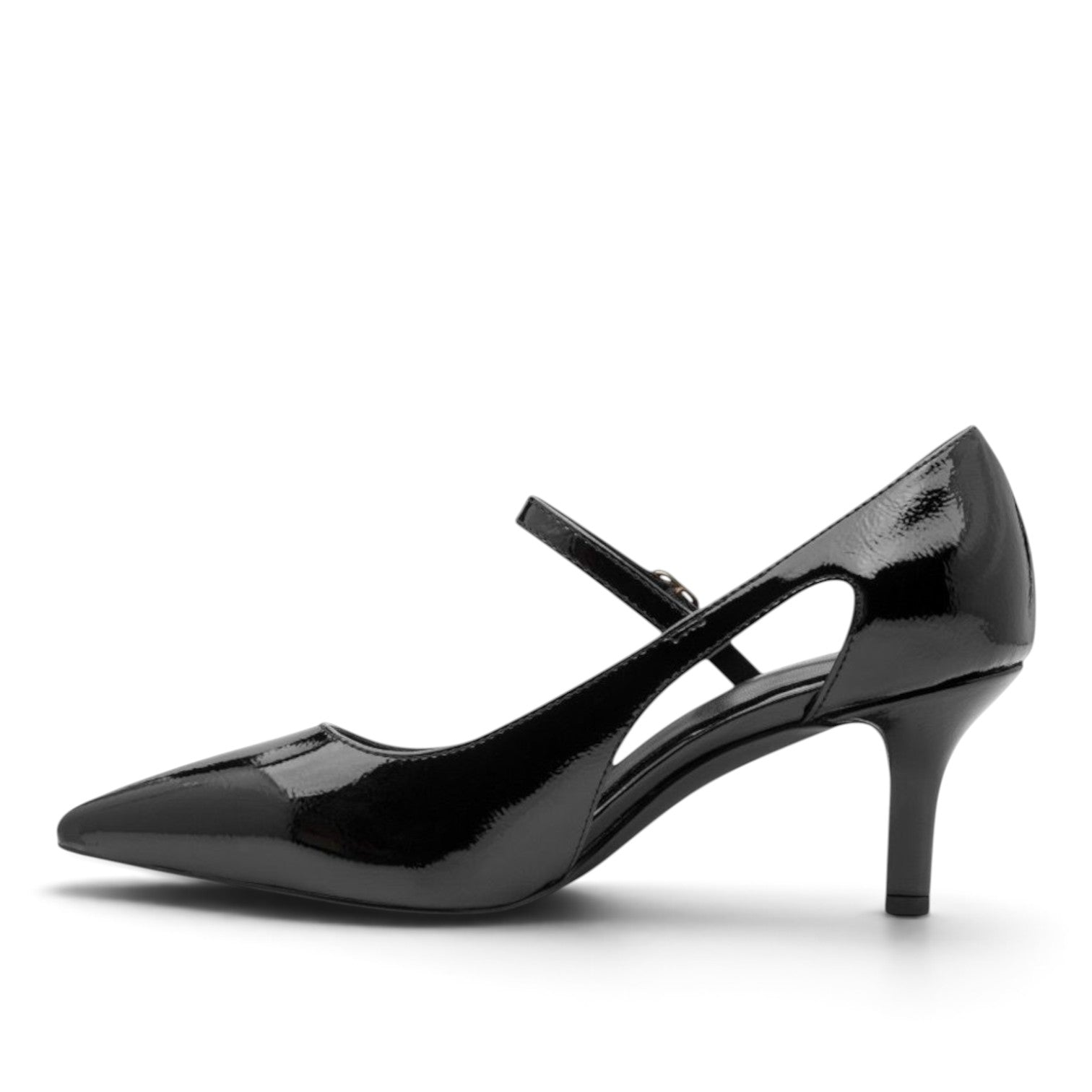 ShoeShop Marco Tozzi black patent leather pointed toe mary jane heels with a side cutout and slim kitten heel