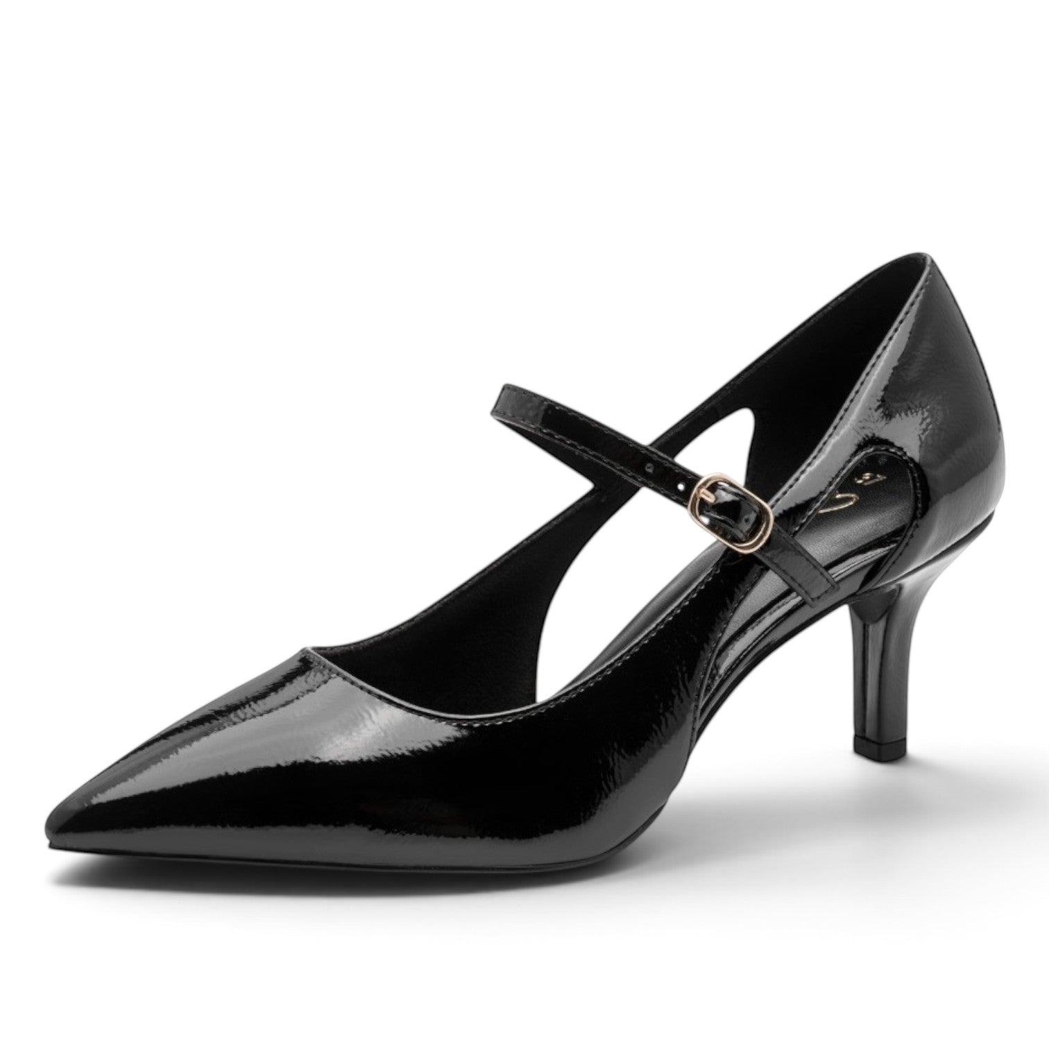 ShoeShop Marco Tozzi black patent leather pointed toe Mary Jane heels with a slim stiletto heel and buckle strap