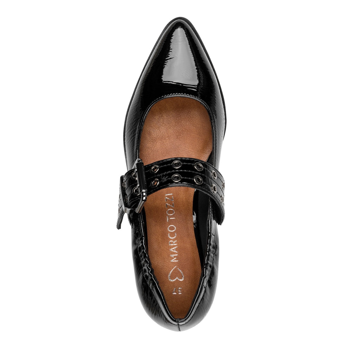 ShoeShop Marco Tozzi black patent synthetic Mary Jane shoe with buckled strap and pointed toe, top view