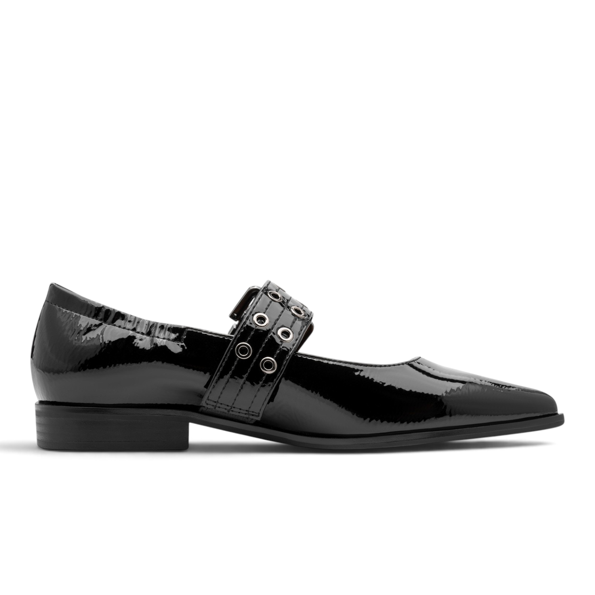 ShoeShop Marco Tozzi black patent synthetic Mary Jane flats with a buckled strap and silver eyelet details
