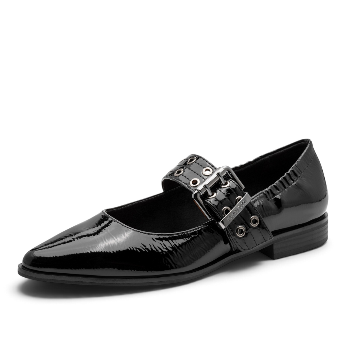 ShoeShop Marco Tozzi black patent synthetic mary jane flats with a decorative buckle strap and pointed toe