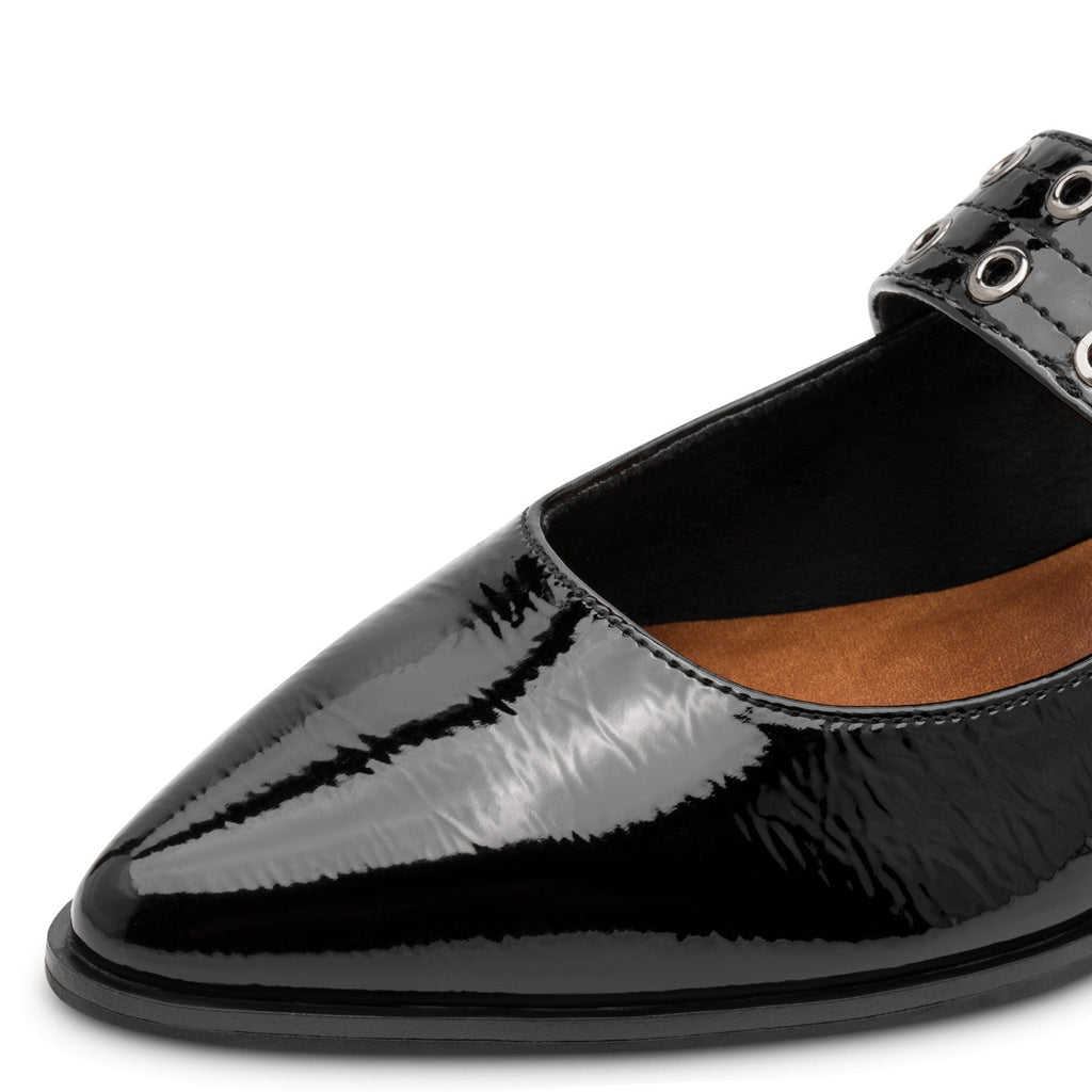 ShoeShop Marco Tozzi black patent synthetic pointed toe shoe with metal eyelet strap detail
