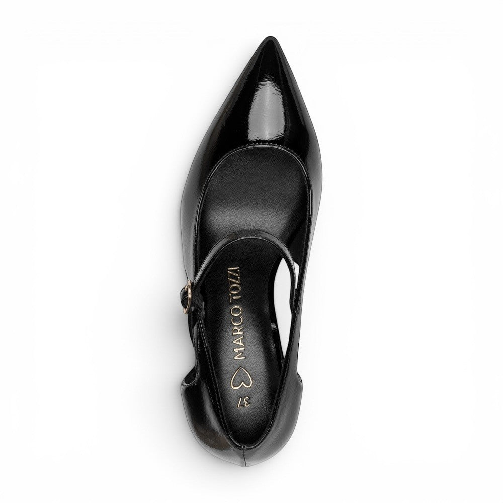 ShoeShop Marco Tozzi black patent leather pointed toe pump with a side cutout and buckle strap