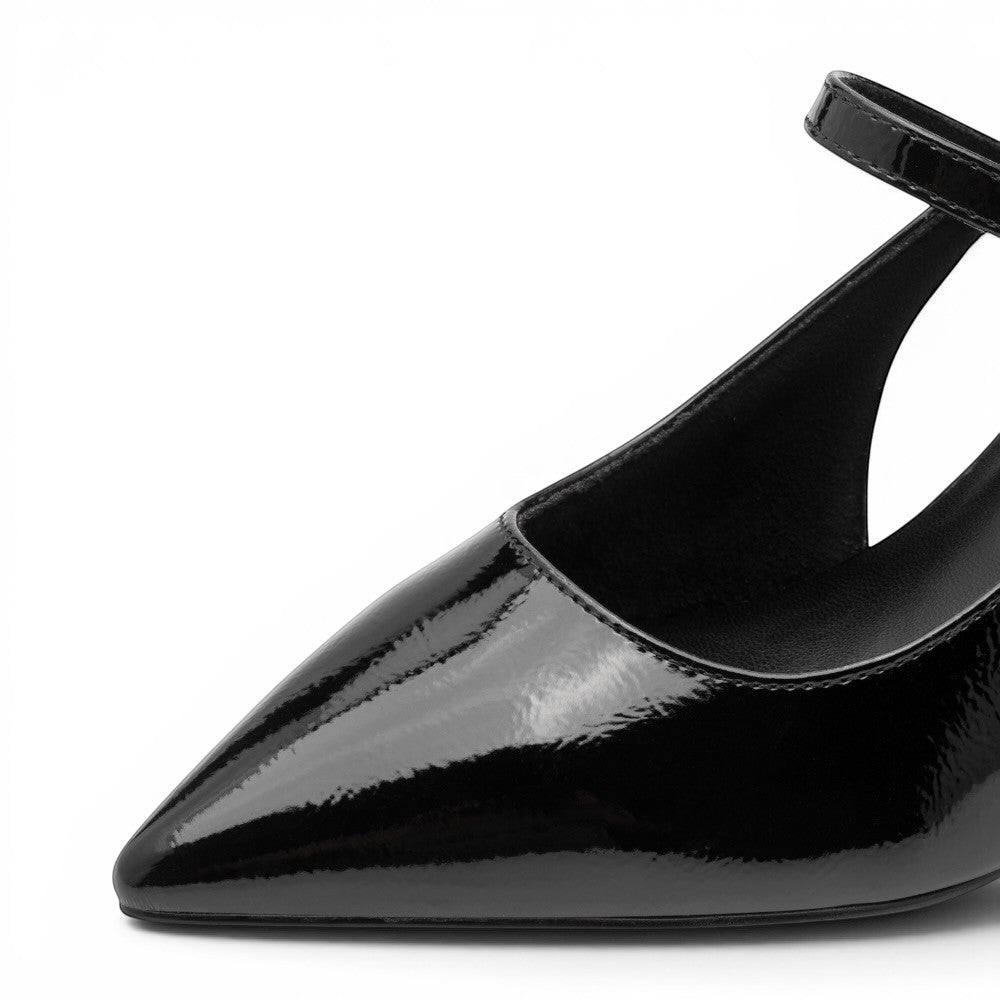 ShoeShop Marco Tozzi black patent leather pointed toe pump with ankle strap detail