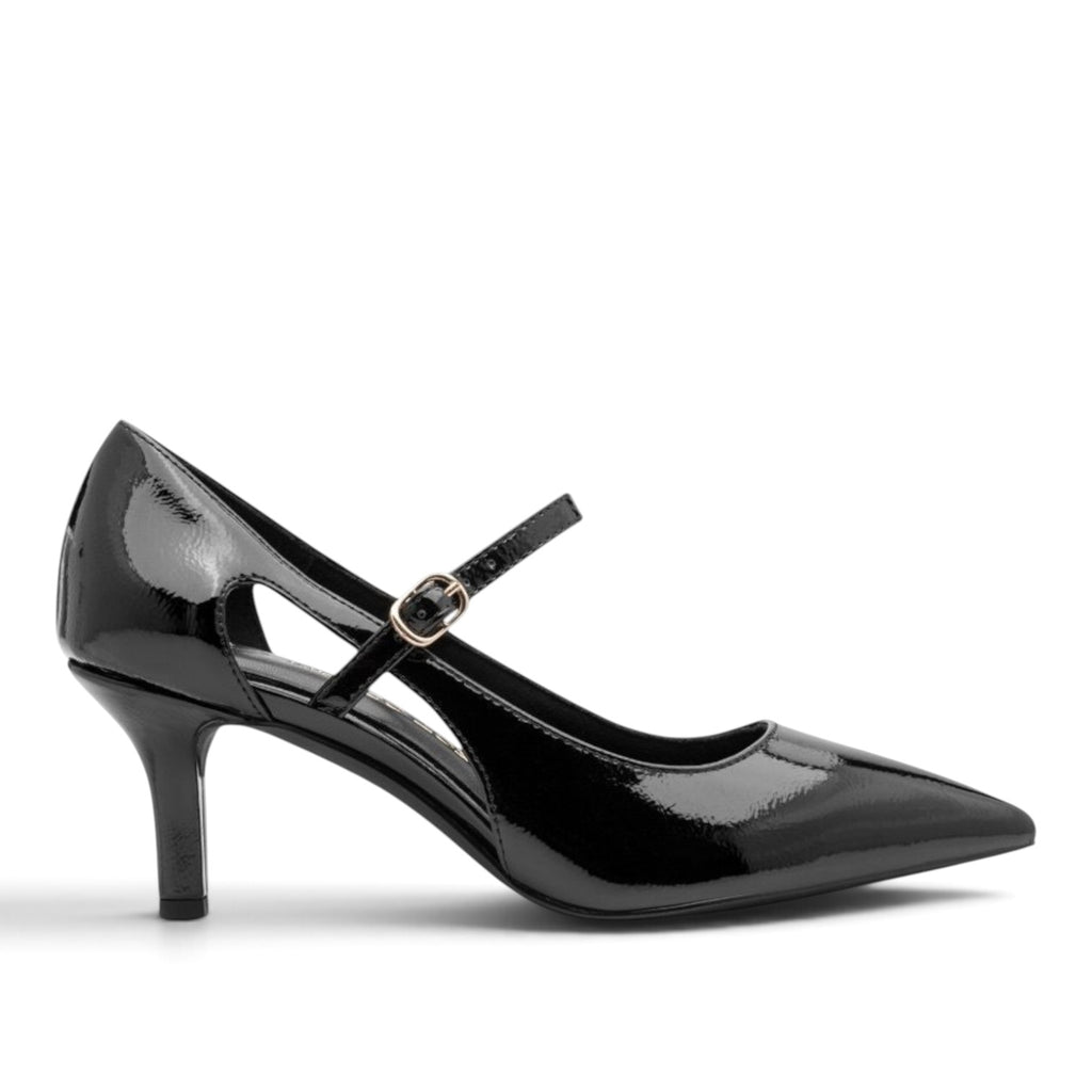ShoeShop Marco Tozzi black patent leather pointed toe pumps with a kitten heel and buckled ankle strap