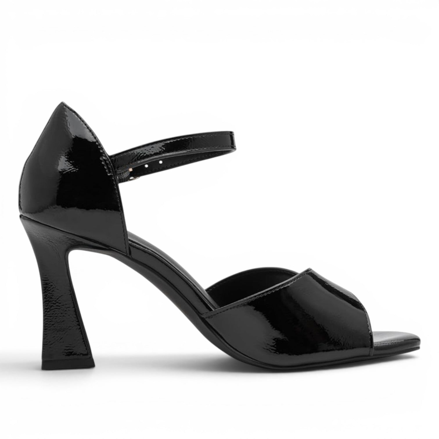 ShoeShop Marco Tozzi black patent leather open-toe sandals with an ankle strap and flared block heel