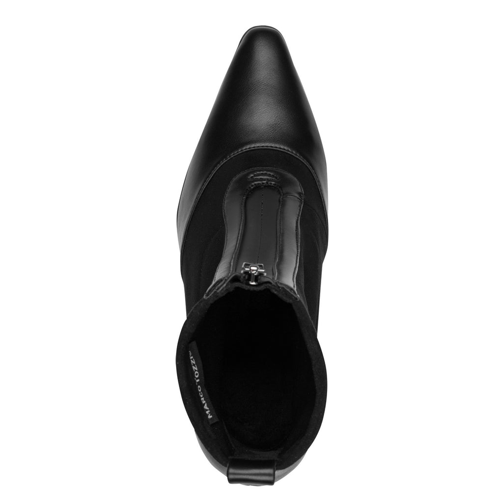 ShoeShop Marco Tozzi black pointed toe ankle boot with a front zipper closure and sleek leather finish