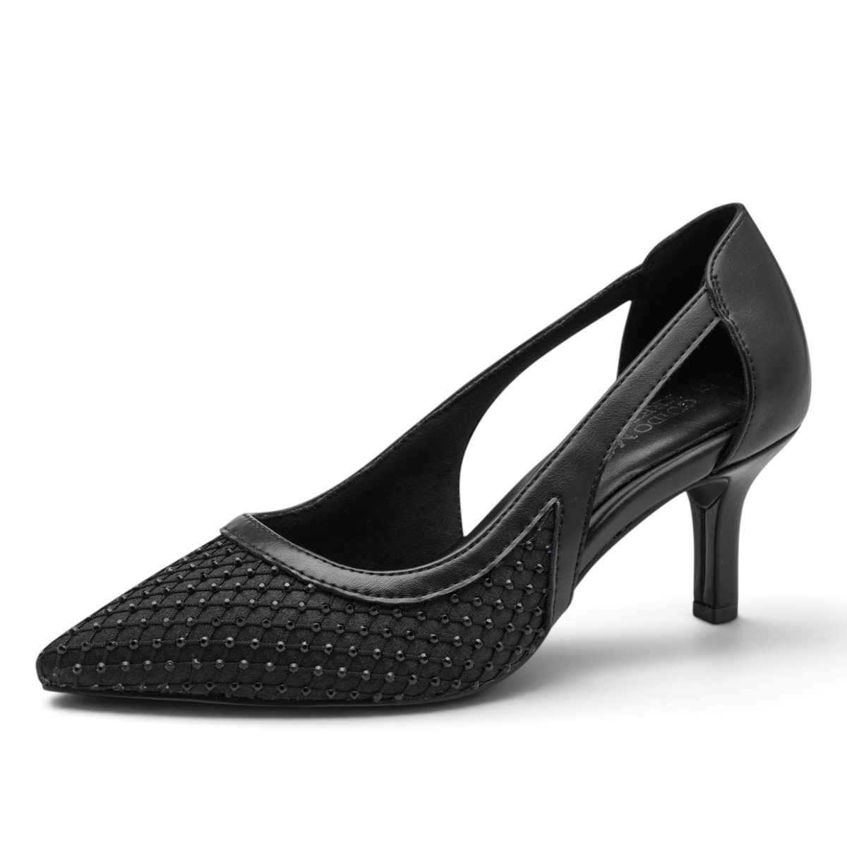 ShoeShop Marco Tozzi black pointed-toe court shoes with textured beaded detailing and a side cutout design