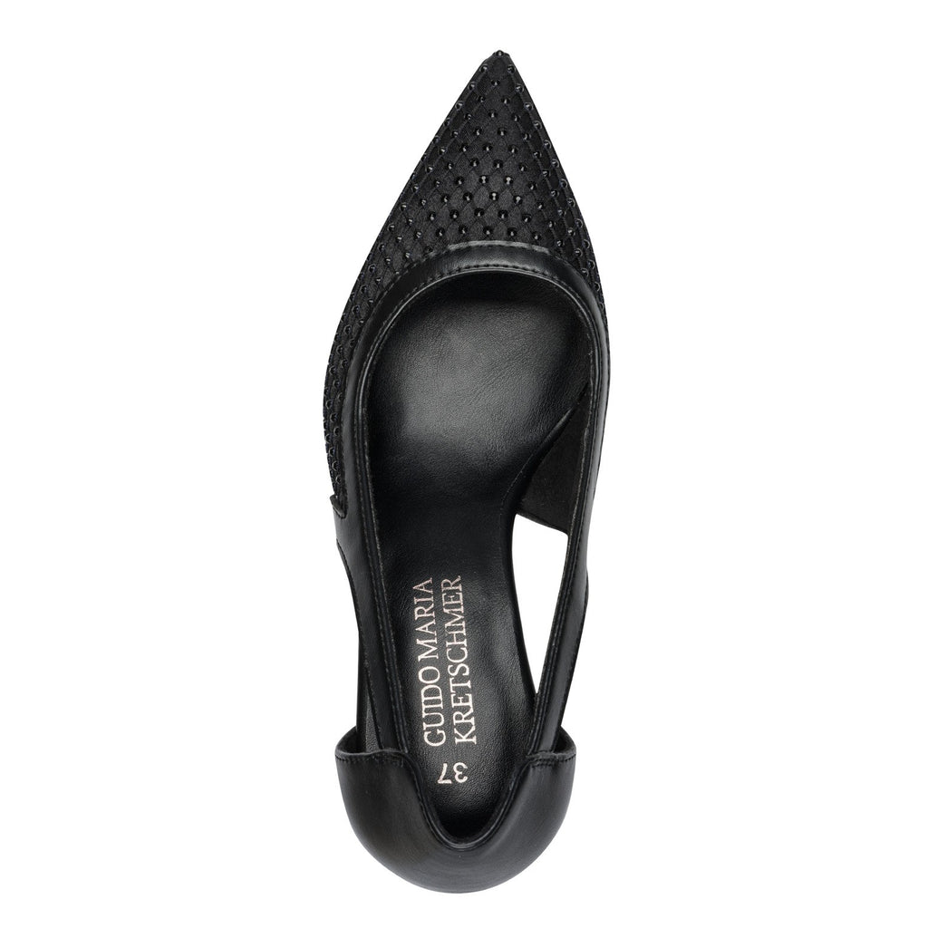ShoeShop Marco Tozzi black pointed toe pump with textured synthetic upper and cut-out side detail