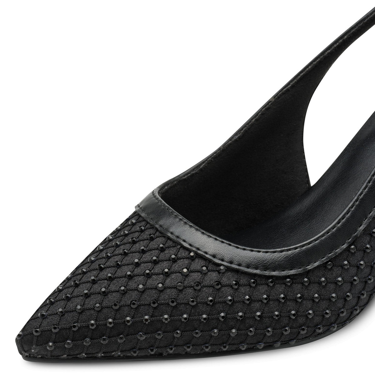 ShoeShop Marco Tozzi black pointed-toe slingback heel with quilted textile texture and subtle stud embellishments