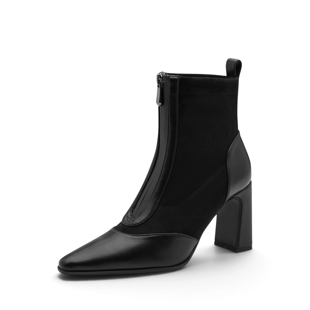 ShoeShop Marco Tozzi black ankle boots with a front zipper, pointed toe, and block heel in mixed material finish