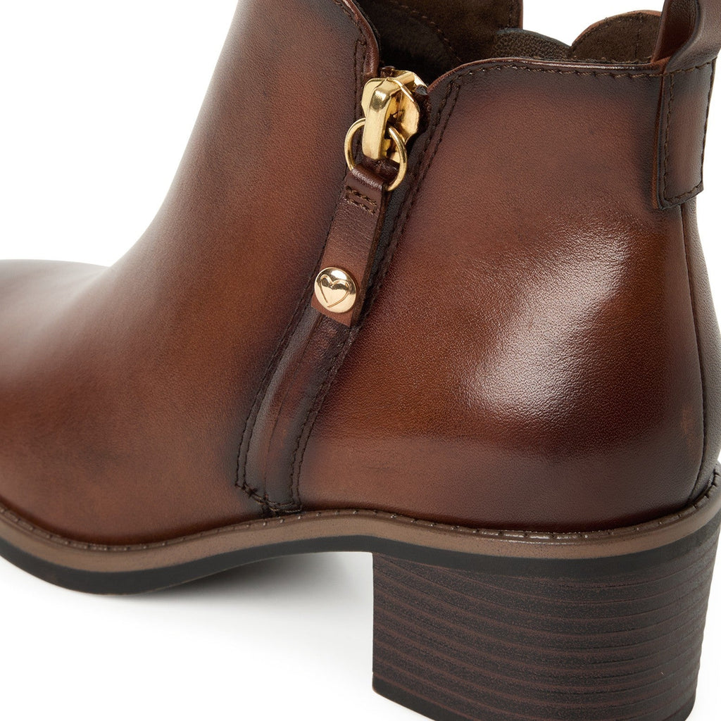 ShoeShop Marco Tozzi brown leather ankle boot with gold side zipper and block heel