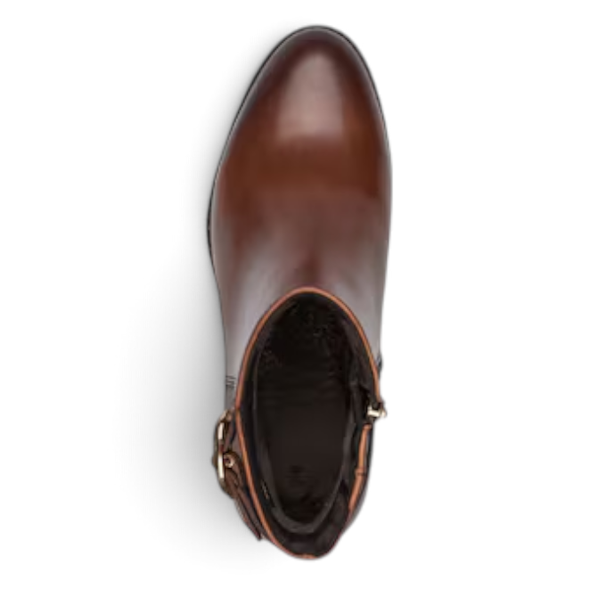 Top view of a brown leather Marco Tozzi ankle boot with a side buckle detail from ShoeShop