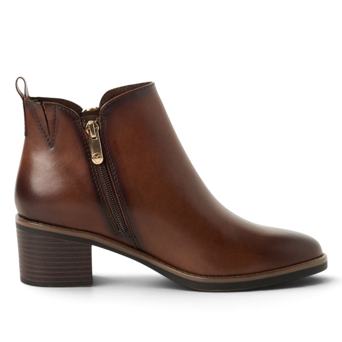 ShoeShop Marco Tozzi brown leather ankle boots with a side zipper and block heel