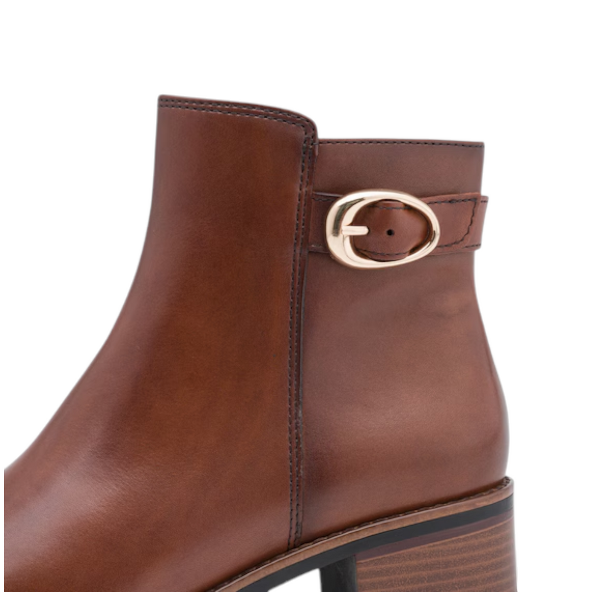 ShoeShop Marco Tozzi brown leather ankle boot with a side strap and gold-tone buckle detail