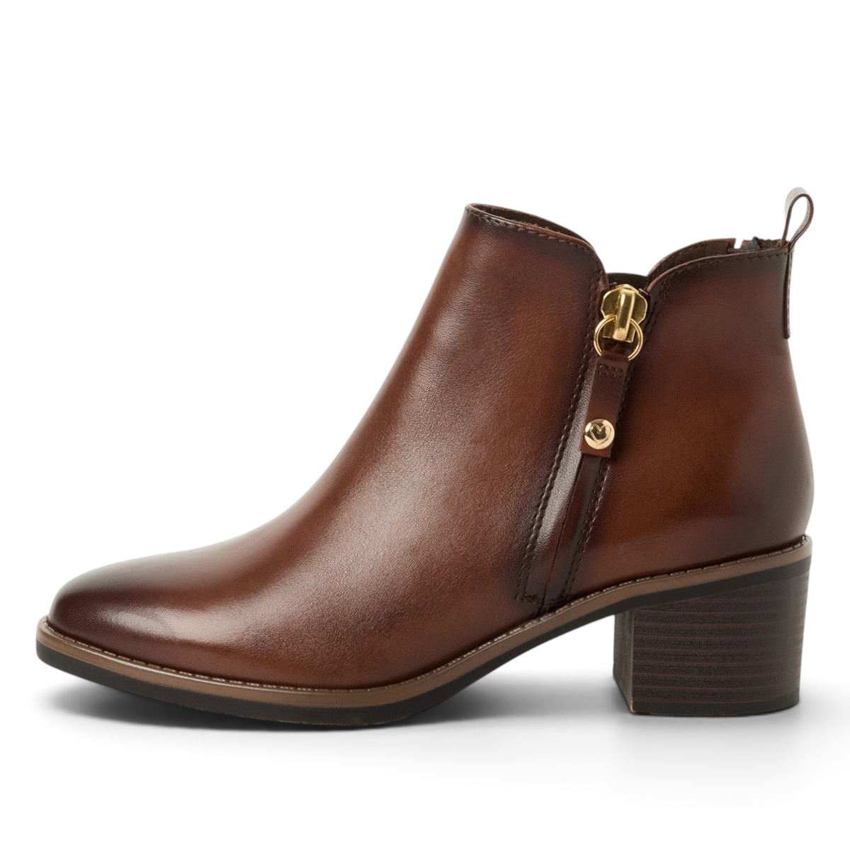 ShoeShop Marco Tozzi brown leather ankle boot with side zipper and block heel