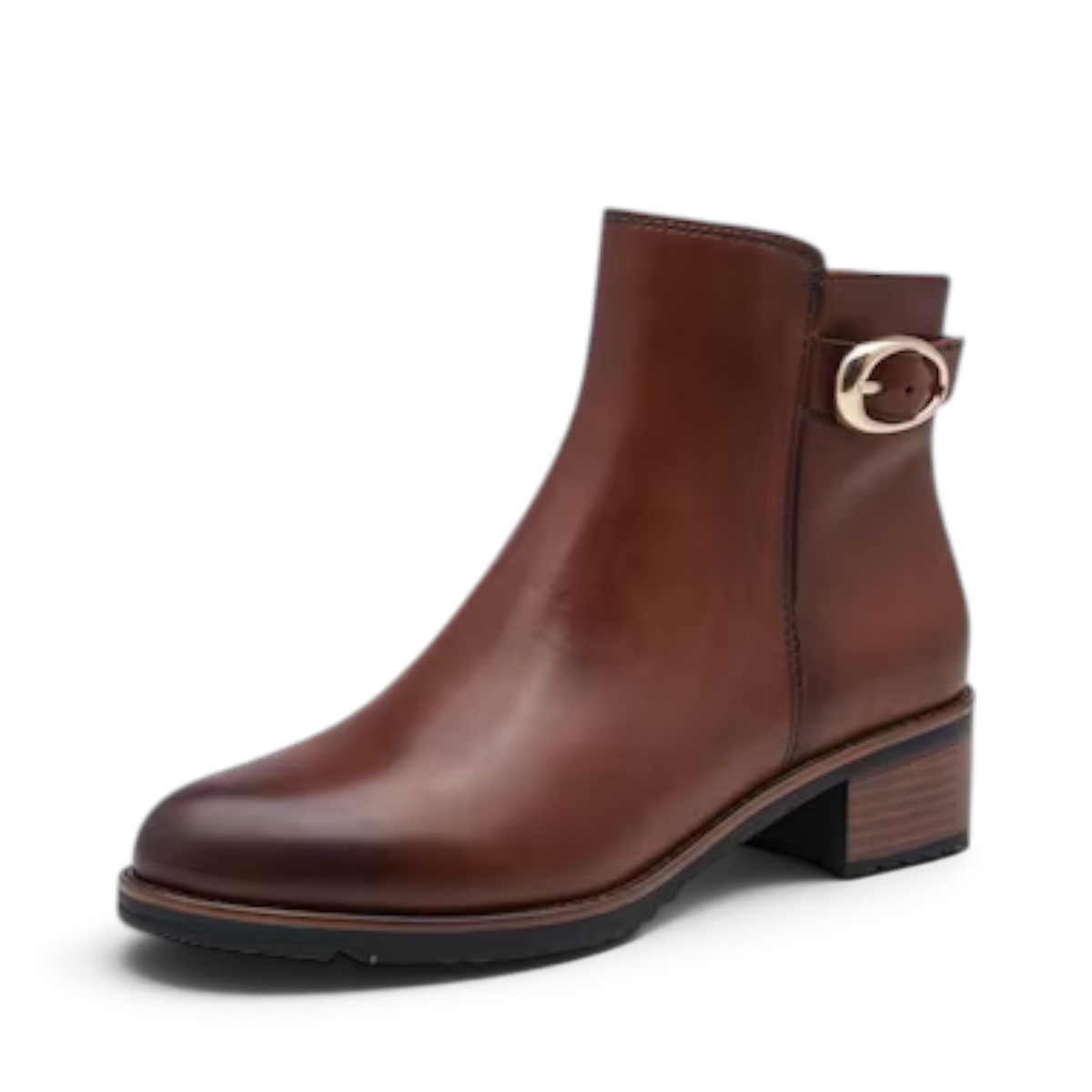 ShoeShop Marco Tozzi brown leather ankle boots with a side buckle detail and low block heel