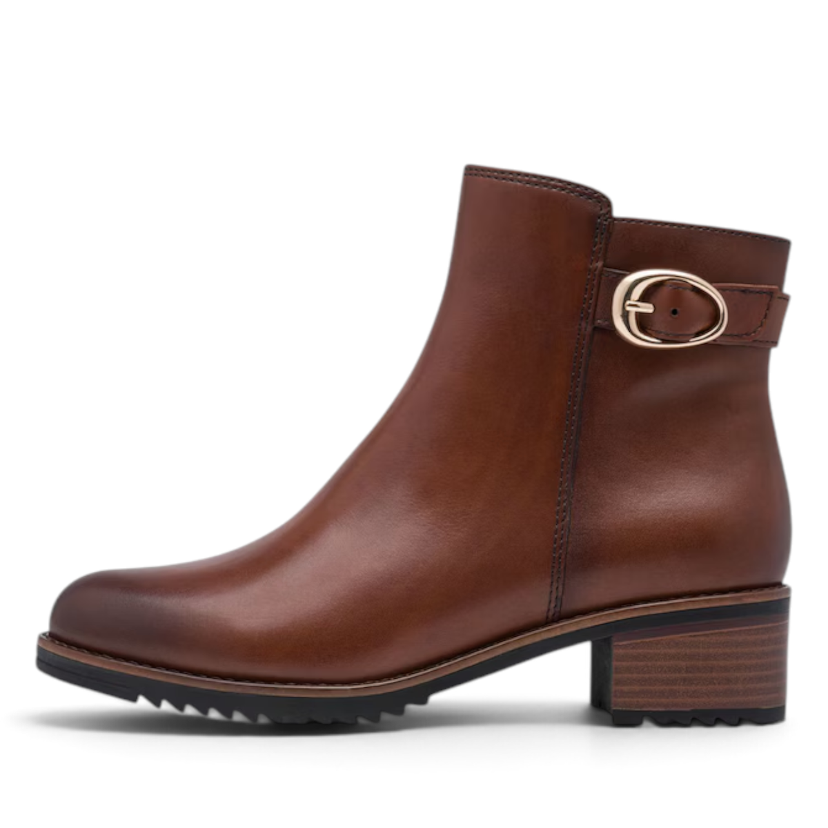 ShoeShop Marco Tozzi brown leather ankle boots with a side buckle and low block heel
