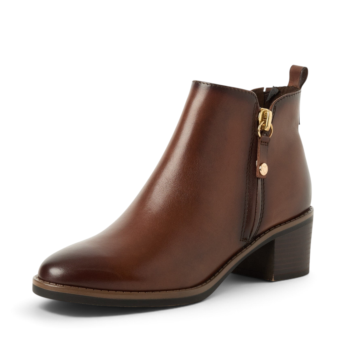ShoeShop Marco Tozzi brown leather ankle boots with a side zipper and low block heel