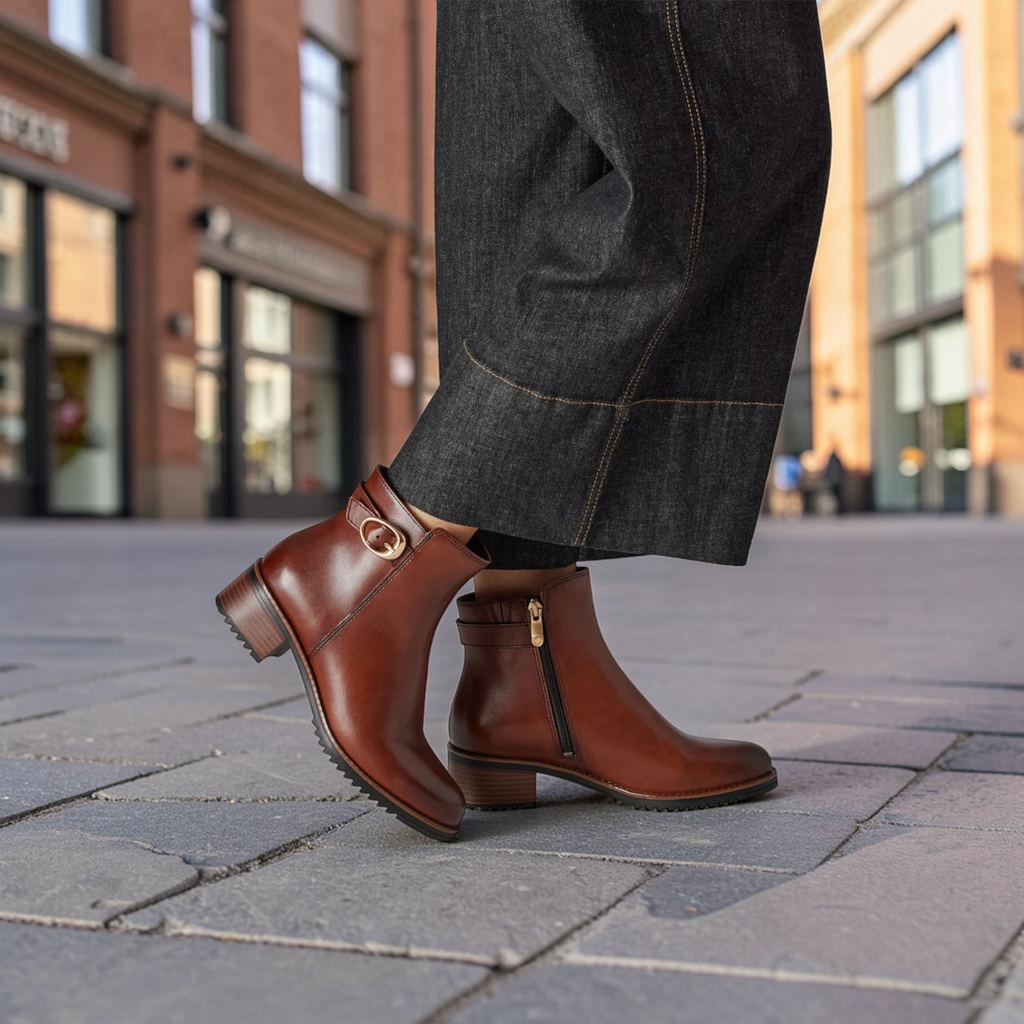 ShoeShop Marco Tozzi brown leather ankle boots with side zipper and decorative buckle detail worn with dark jeans