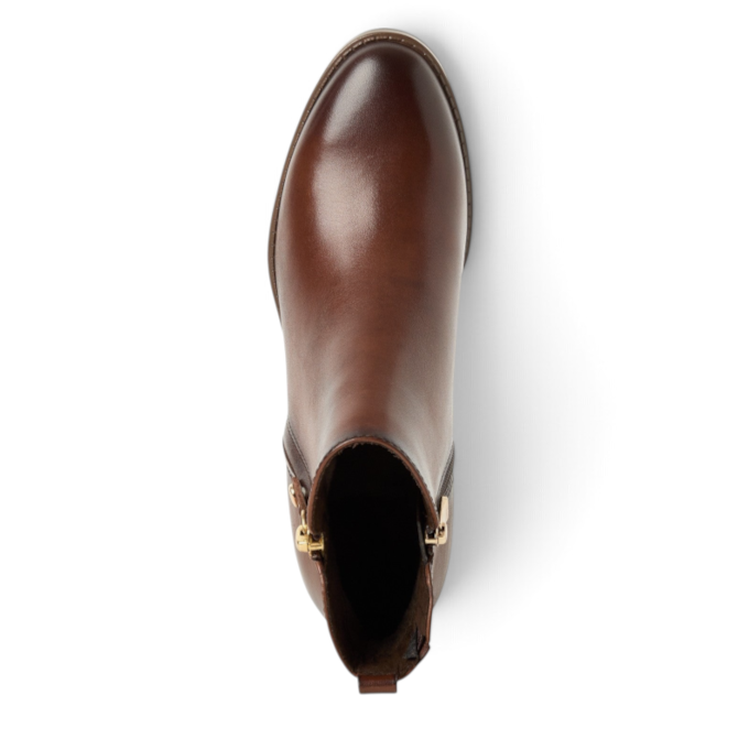 ShoeShop Marco Tozzi brown leather ankle boot viewed from above with gold side buckle detail