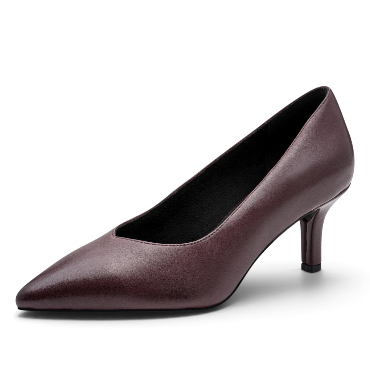 ShoeShop Marco Tozzi dark brown pointed toe stiletto pumps with a sleek leather finish and mid-height heel.