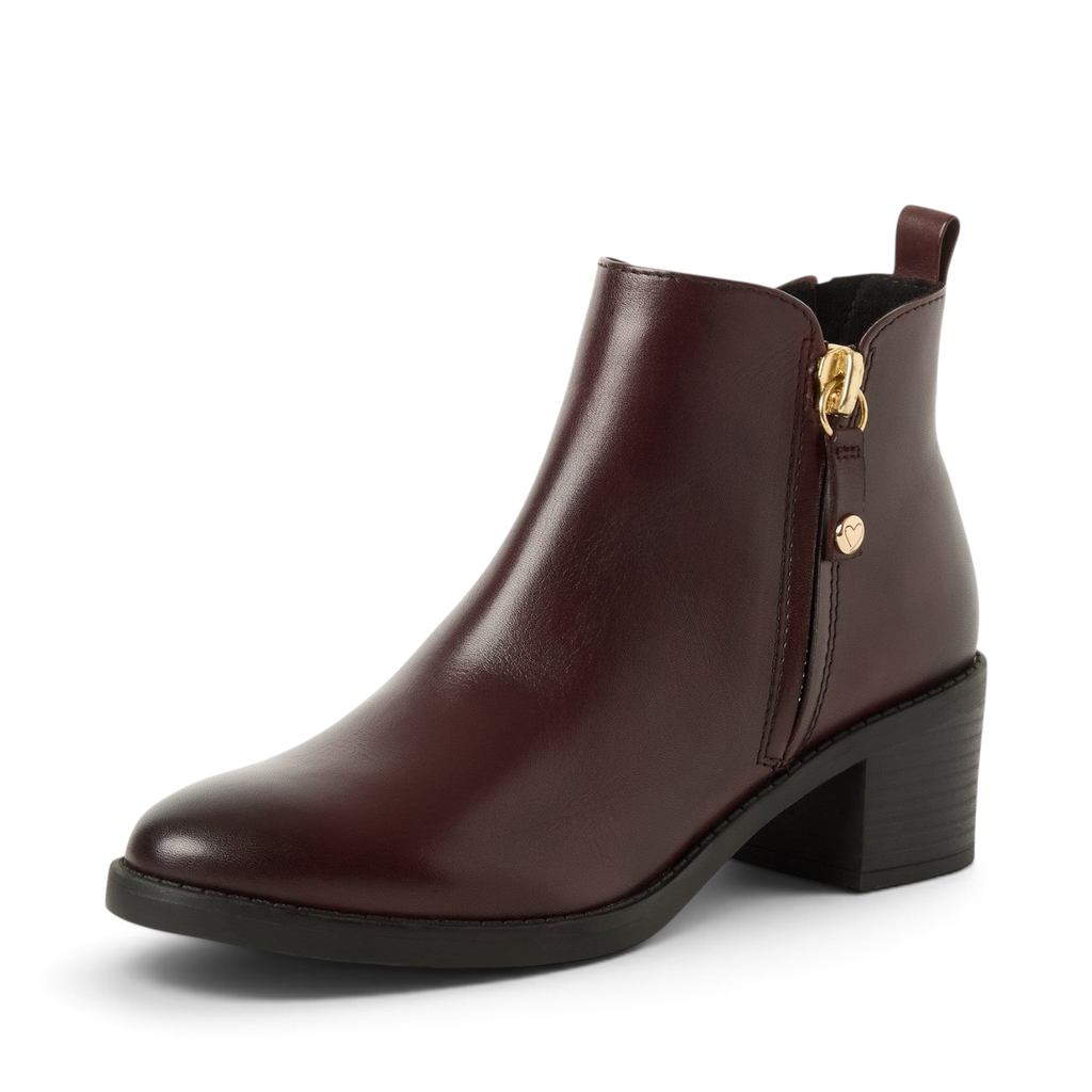 ShoeShop Marco Tozzi dark burgundy ankle boot with a side zipper, gold hardware, and a block heel.