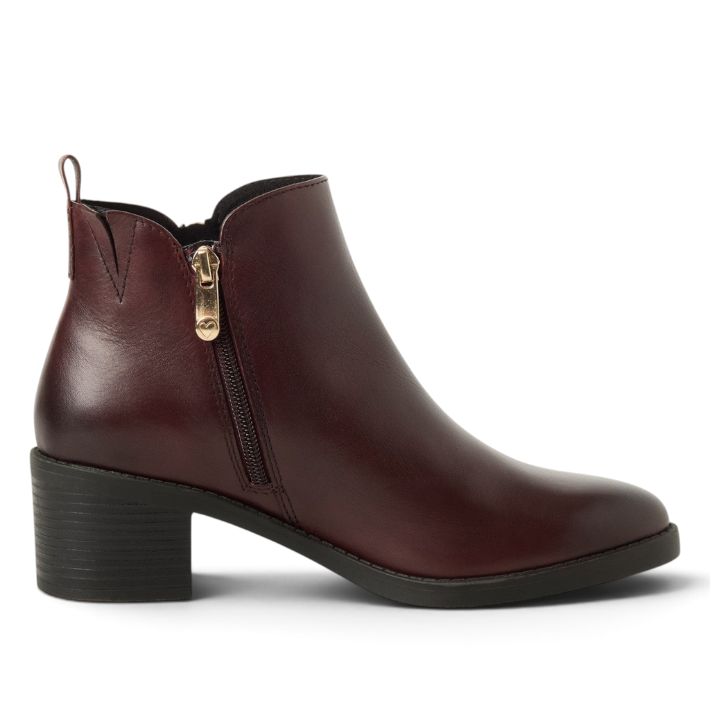 ShoeShop Marco Tozzi burgundy leather ankle boots with side zip and block heel
