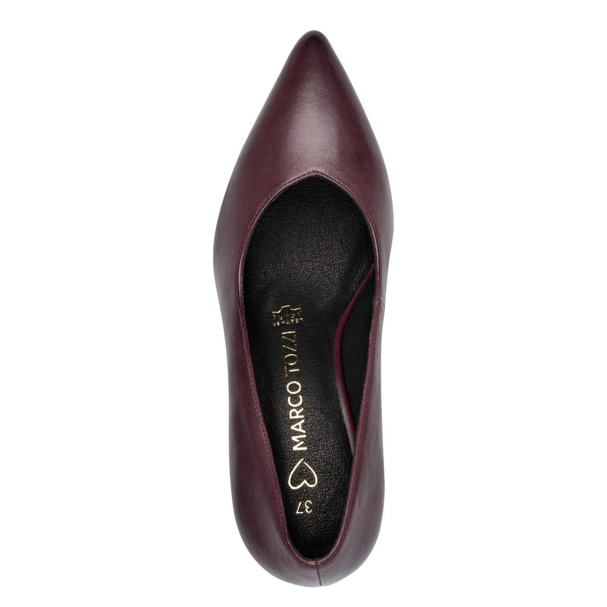 ShoeShop Marco Tozzi burgundy leather pointed toe pumps viewed from above
