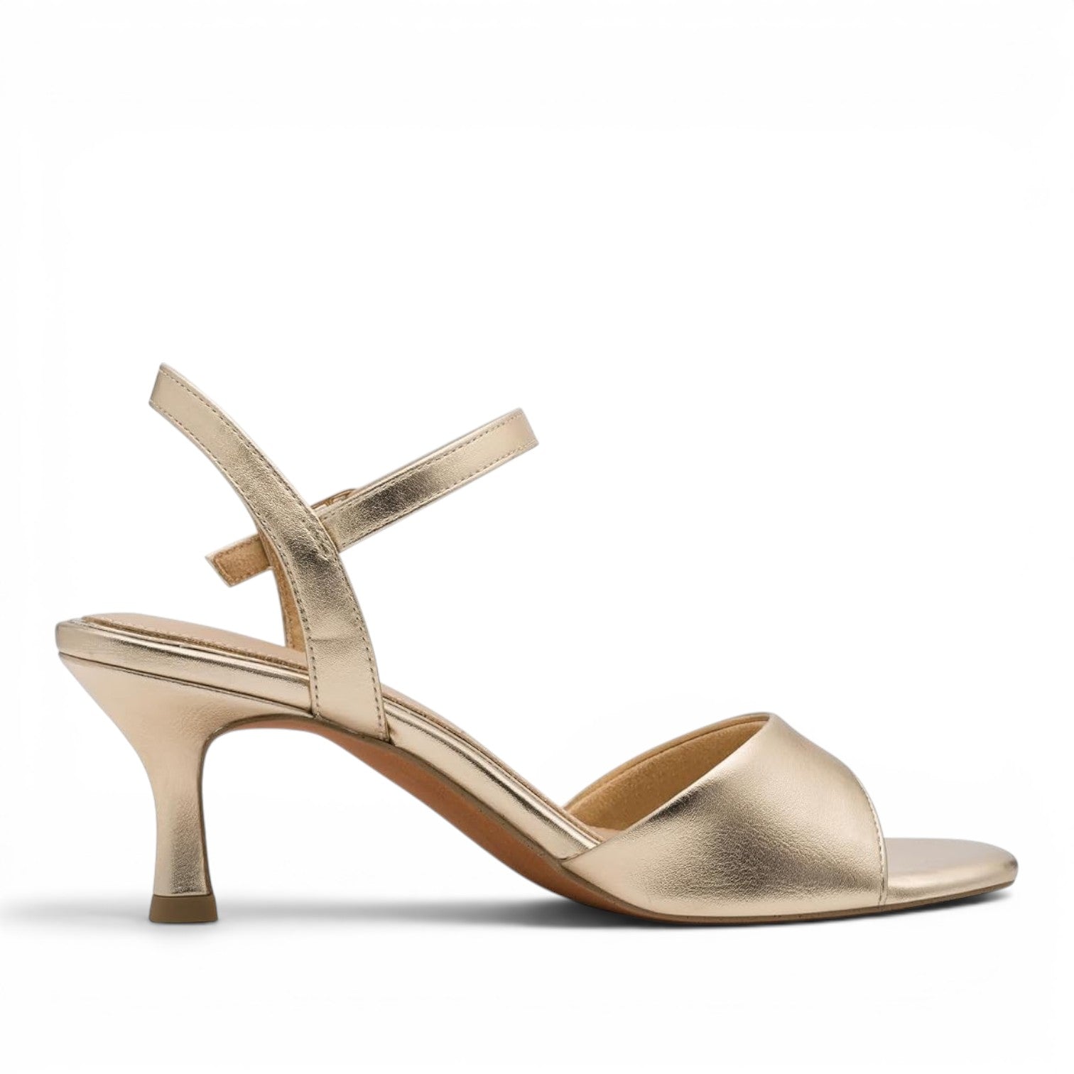 ShoeShop Marco Tozzi gold metallic kitten heel sandals with an ankle strap and open toe design
