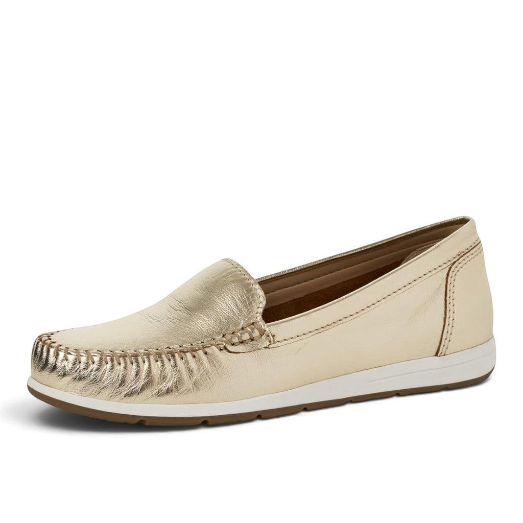 ShoeShop Marco Tozzi metallic gold leather loafer with moccasin stitching and a white flat sole