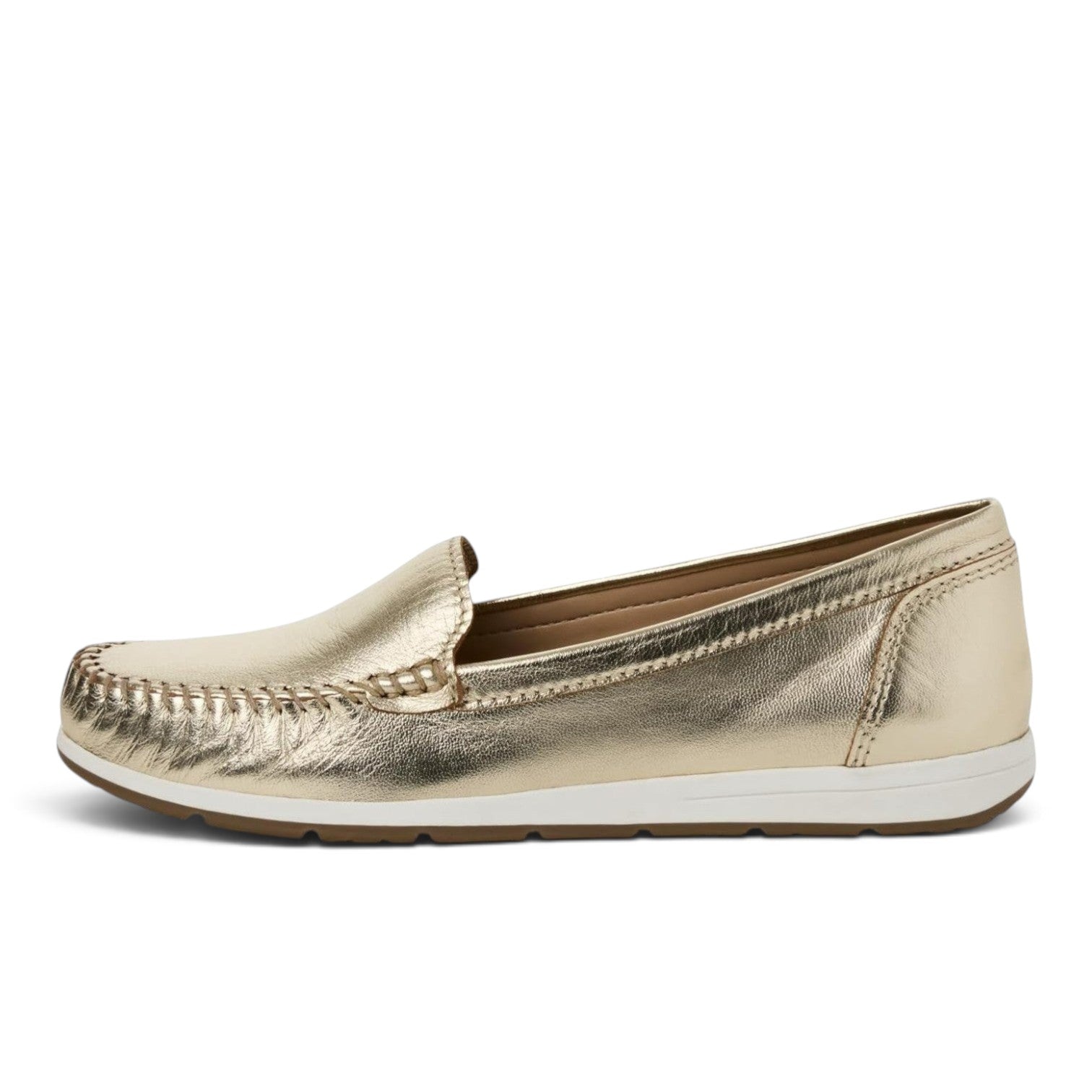 ShoeShop Marco Tozzi metallic gold leather loafers with moccasin stitching and a white flat sole