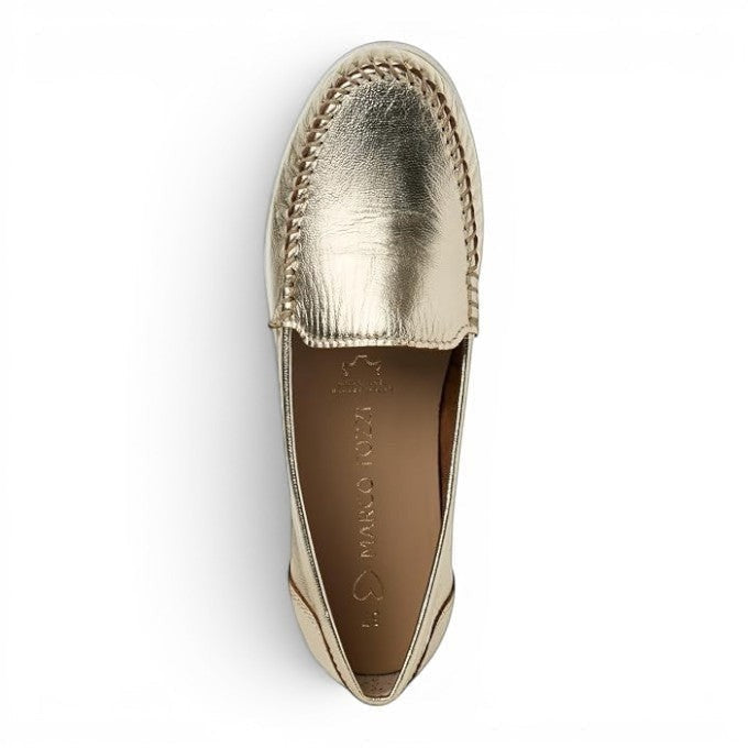 ShoeShop Marco Tozzi metallic gold leather loafers with decorative whipstitch detailing, top-down view