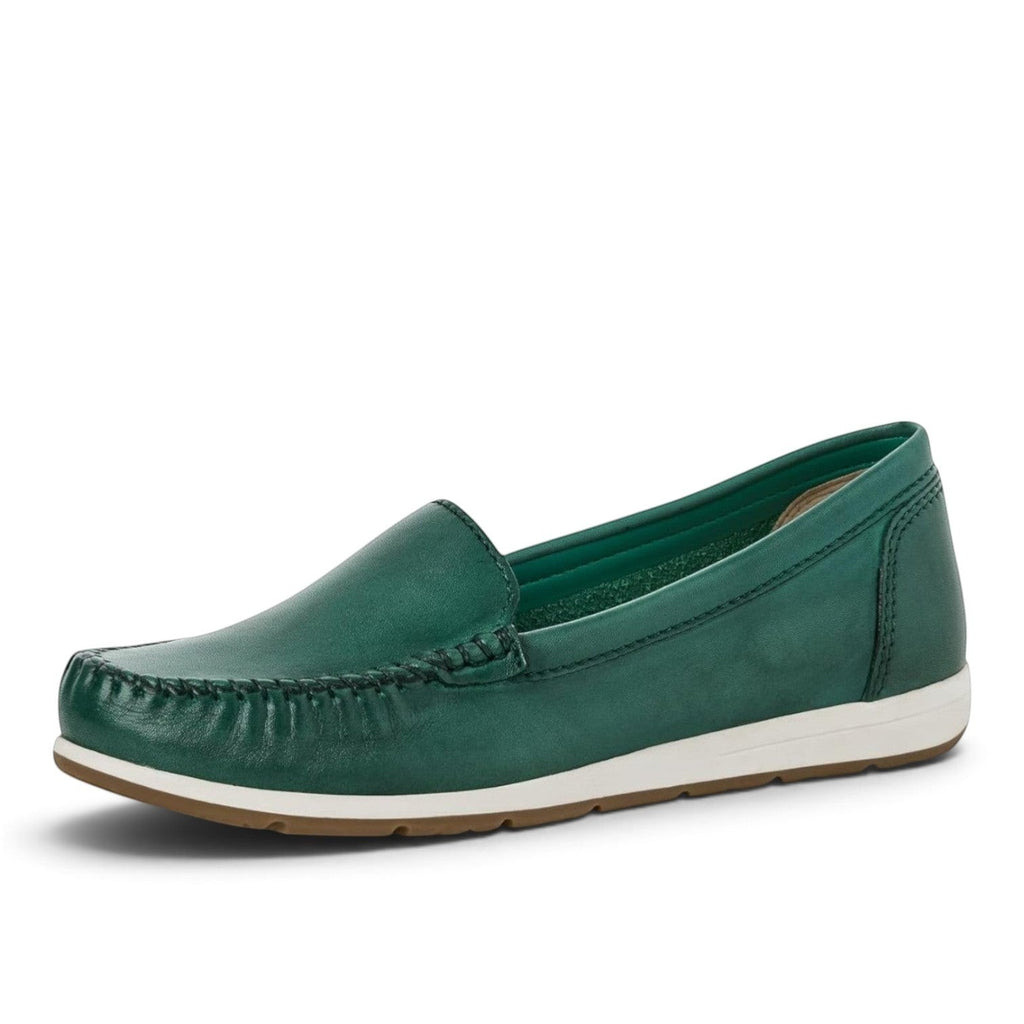 ShoeShop Marco Tozzi green leather loafers with moccasin stitching and a white flat sole
