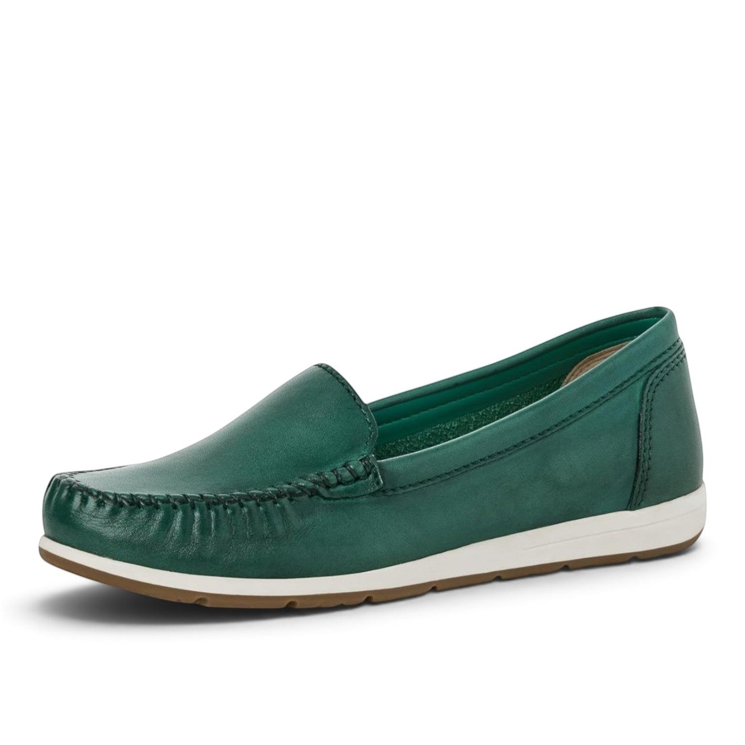 ShoeShop Marco Tozzi green leather loafers with moccasin stitching and a white flat sole