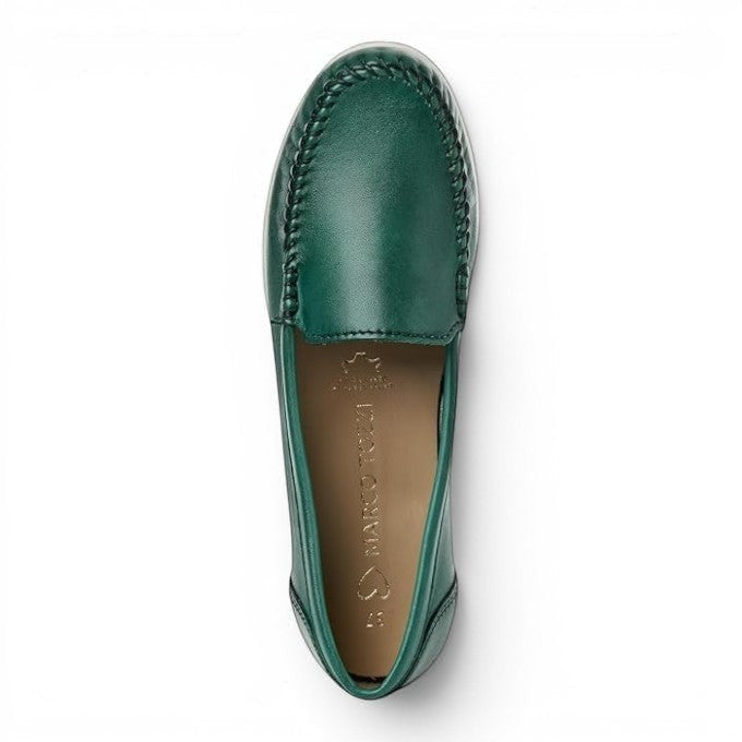ShoeShop Marco Tozzi green leather slip-on loafers with stitched moccasin toe detail viewed from above
