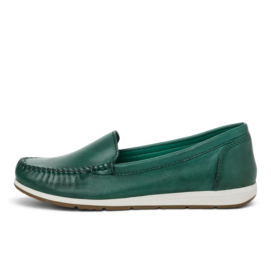 ShoeShop Marco Tozzi green leather loafers with moccasin stitching and a white flat sole