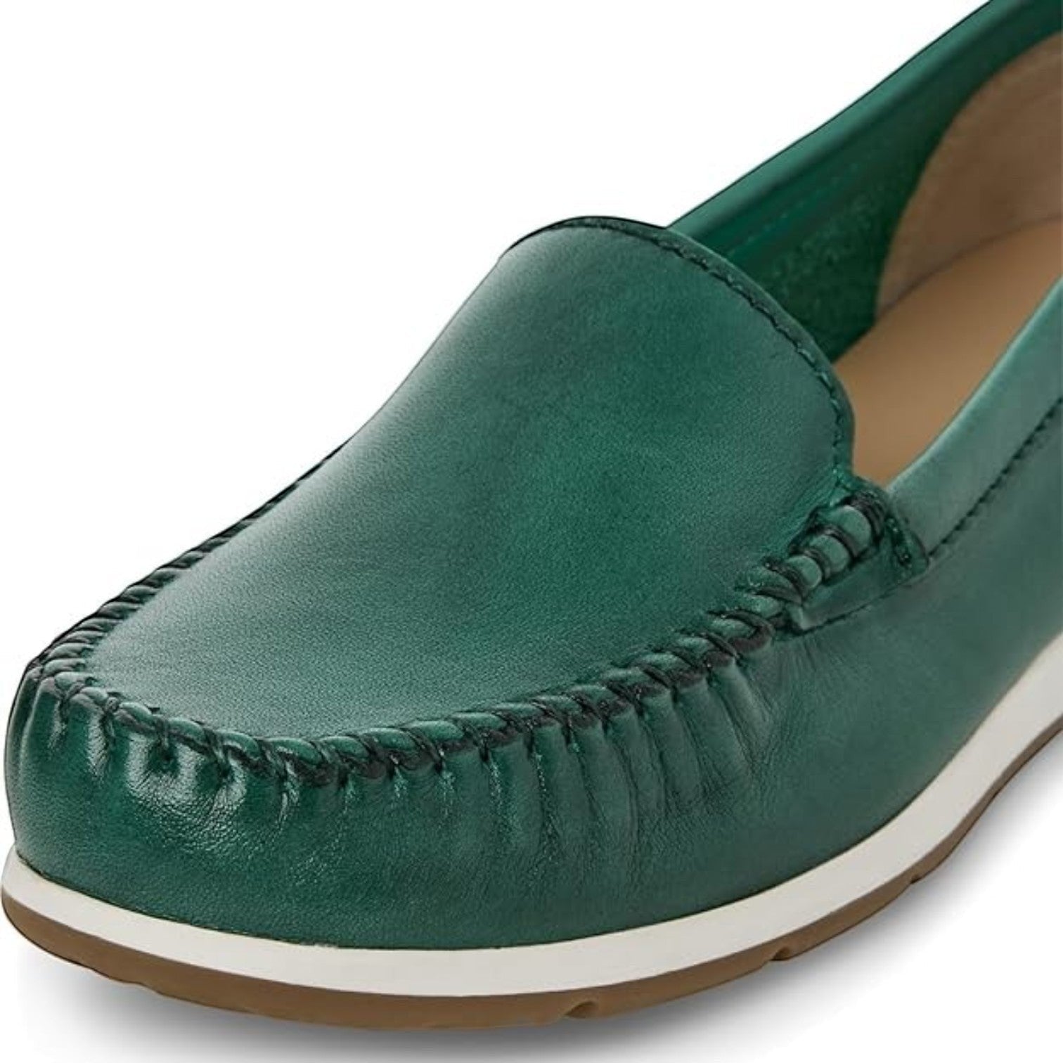 ShoeShop Marco Tozzi green leather moccasin with visible contrast stitching and a white rubber sole