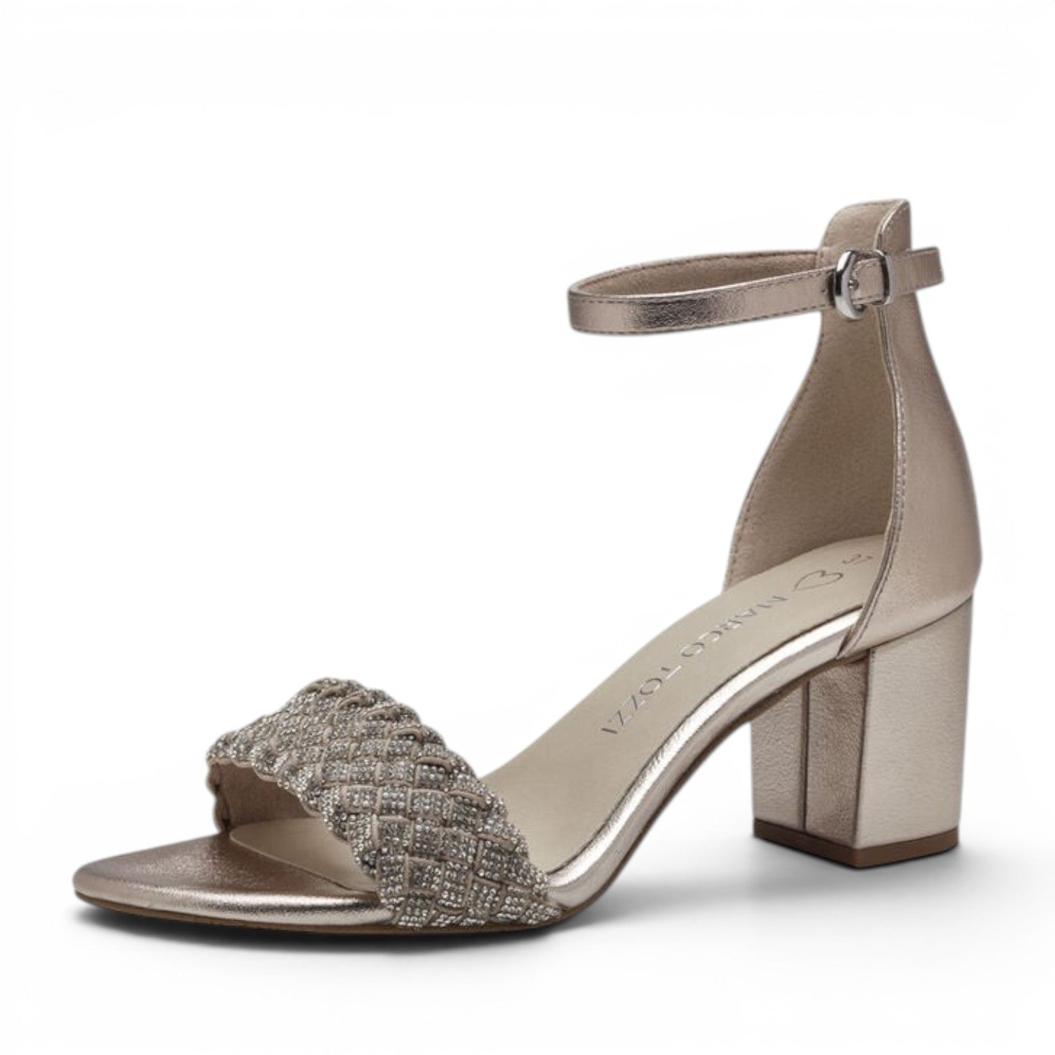 ShoeShop Marco Tozzi metallic gold block heel sandals with a decorative woven strap and ankle buckle closure.